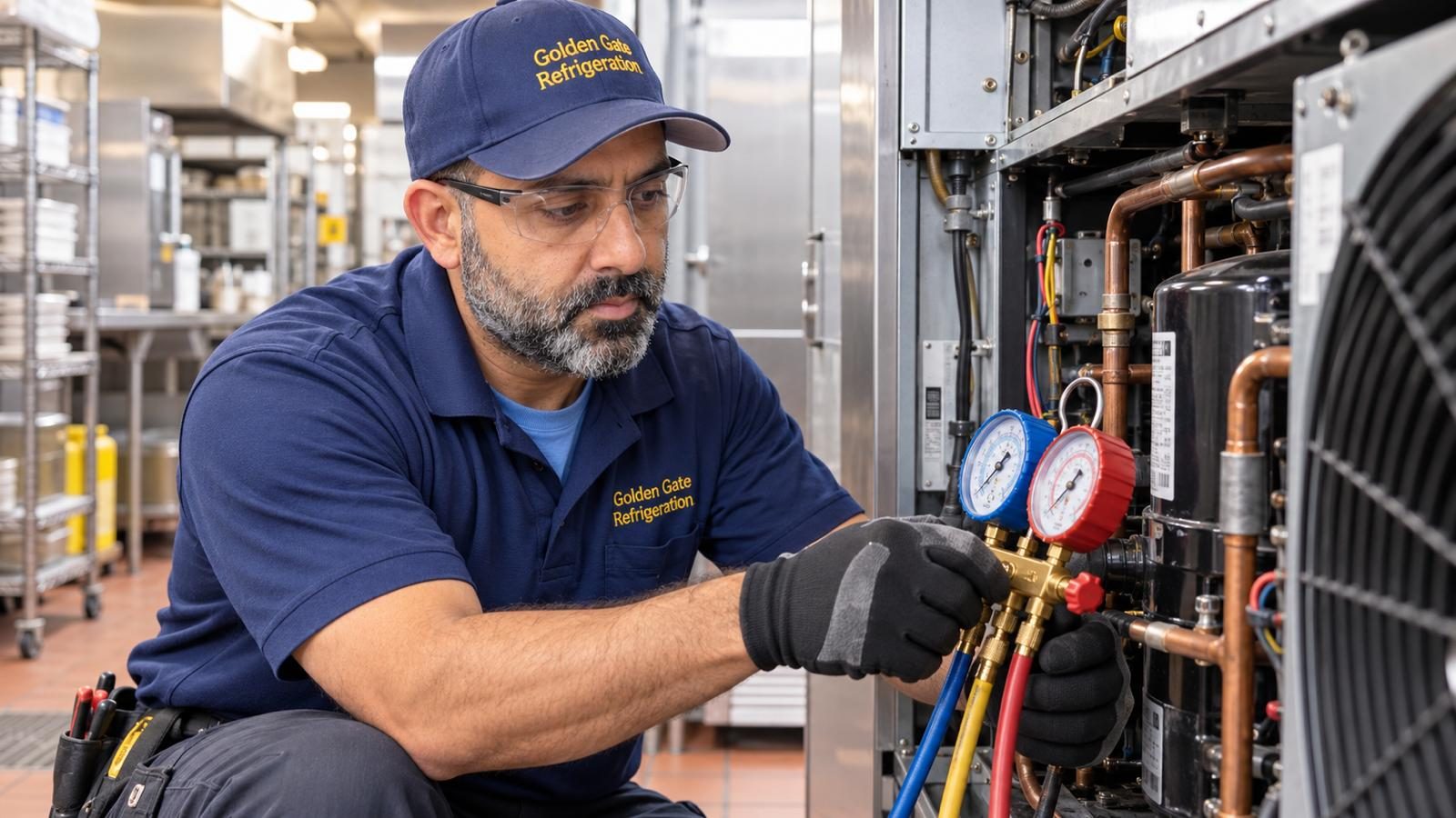 Technician working on commercial refrigeration equipment